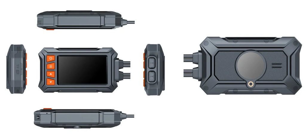 Motorcycle dash camera unit with 3 inch display, two lenses, GPS module, and installation cables.