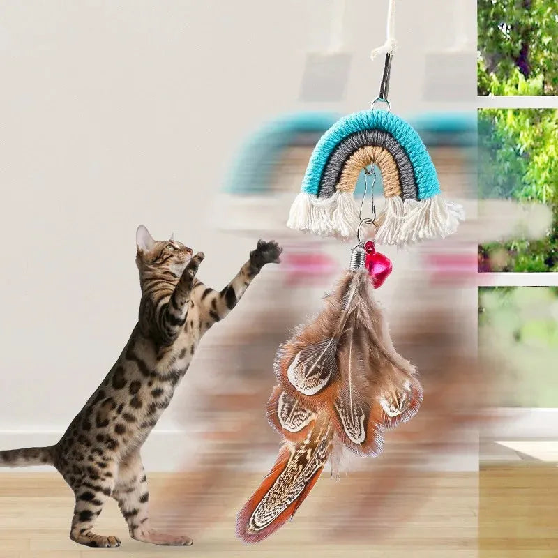 Feather cat rope door swing toy with elastic mechanism and sticky buckle clamp in blue green pink colours