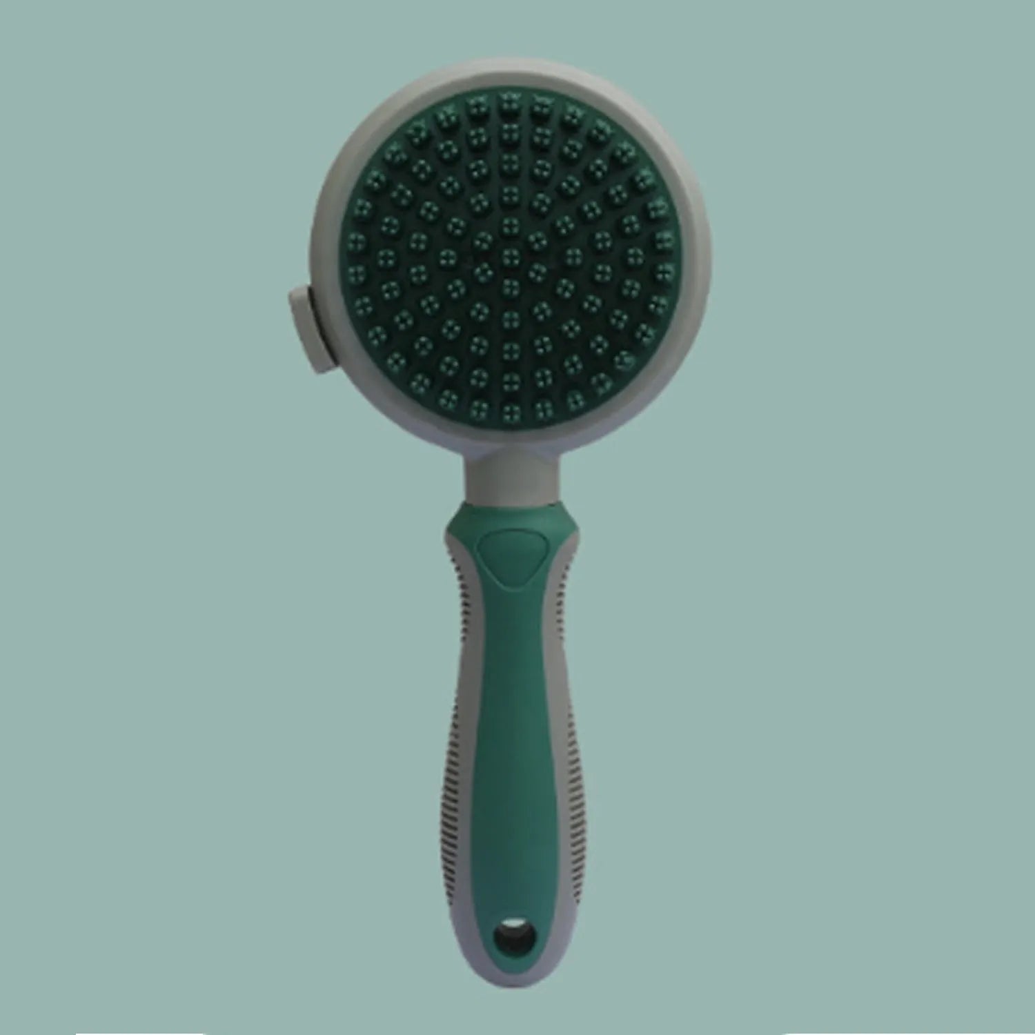 Double-sided pink cat grooming brush with release button and flea comb component