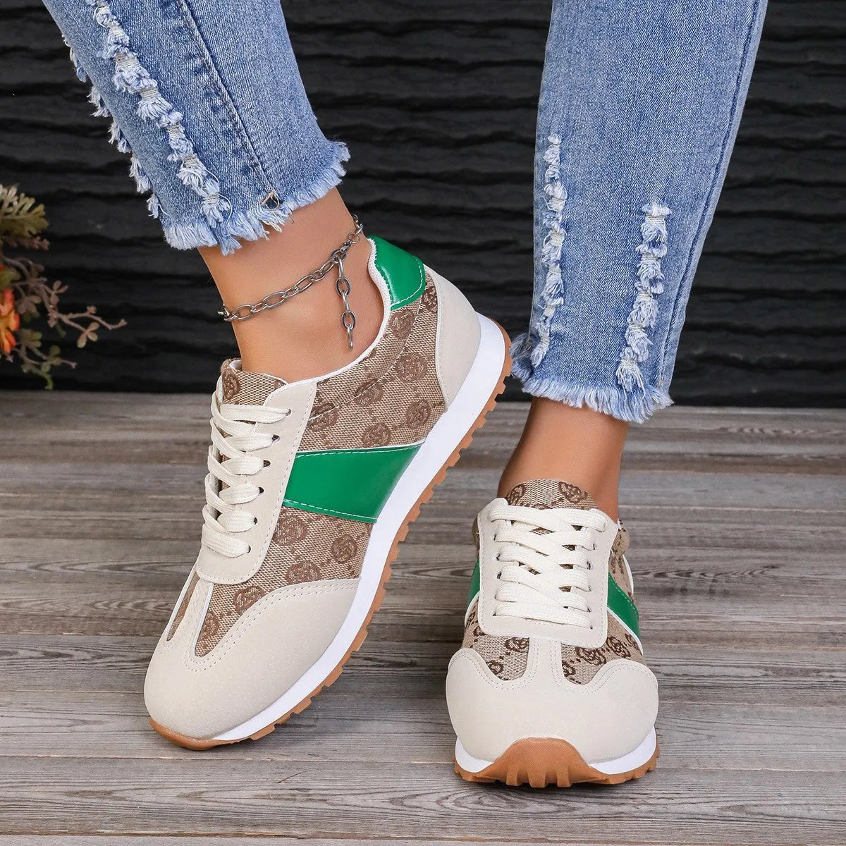 Women's khaki casual lace-up shoes with shallow open toe, cross-strap detail, and flat rubber sole