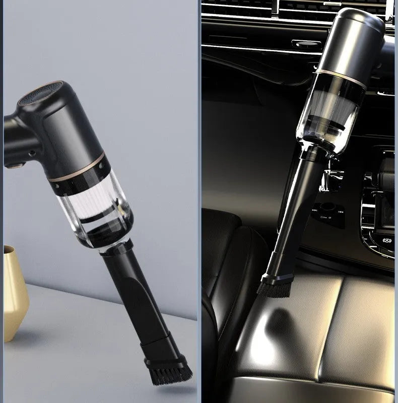 Black wireless handheld vacuum cleaner with attachments including nozzles and brushes on a white background.