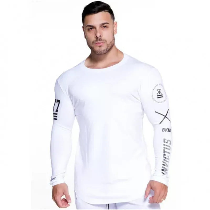 Men's milk silk long sleeve round neck fitness top with letter print in black, shown on a dark background