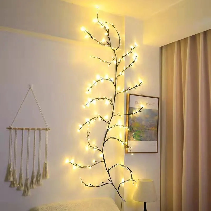 Flexible birch texture LED vine light garland with warm white lights draped along wall
