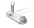 Aluminium charging stand holding a smartphone, smartwatch, and wireless earbuds.
