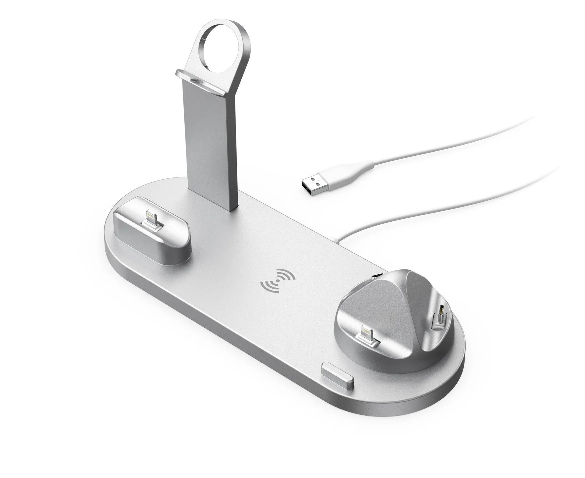 Aluminium charging stand holding a smartphone, smartwatch, and wireless earbuds.