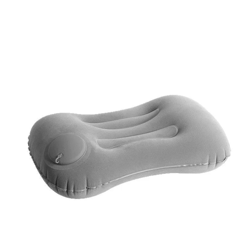 Inflatable travel pillow in grey colour showing rectangular 45x30cm shape with 13cm thickness