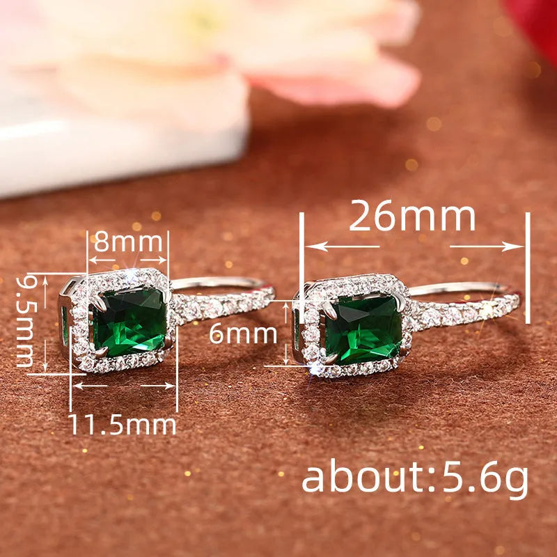 Shiny white gold geometric copper earrings with inlaid zirconium ring and quadrilateral design