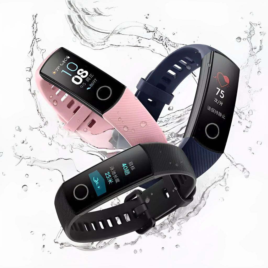 50m waterproof heart rate sleep bracelet with silicone strap in black, blue, and pink colours