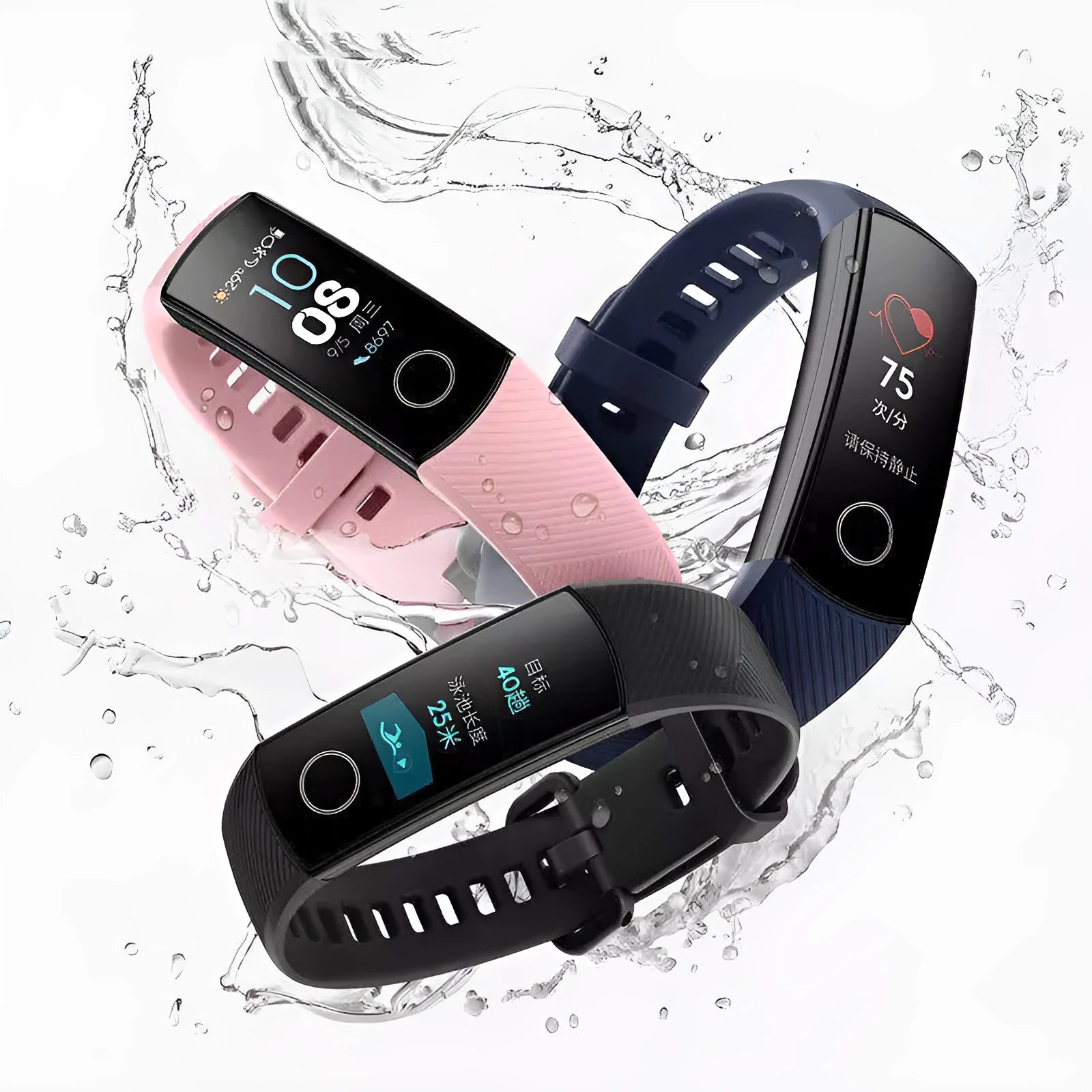 50m waterproof heart rate sleep bracelet with silicone strap in black, blue, and pink colours
