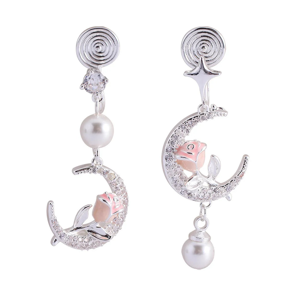 Gentle temperament rose flower earrings for women with imitation pearl and electroplated finish in SB0452 rose colour