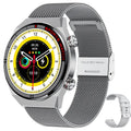 Rotary key Bluetooth smartwatch with touch screen on a genuine leather strap, showing call and fitness tracking interface.