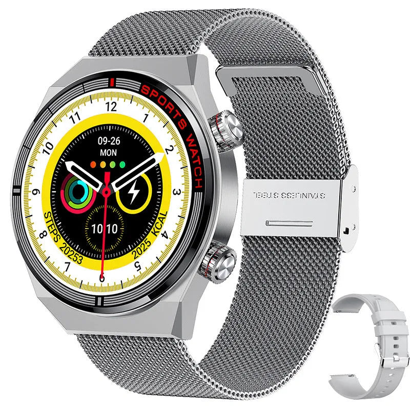 Rotary key Bluetooth smartwatch with touch screen on a genuine leather strap, showing call and fitness tracking interface.