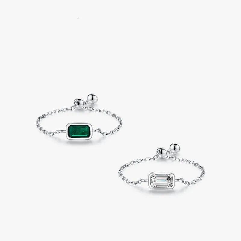 S925 sterling silver inlaid zircon ring with geometric chamfered square pattern and adjustable opening