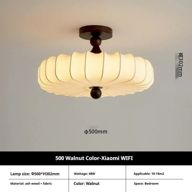 Mid-ancient French retro fabric ceiling lamp with ash wood frame in walnut colour on a ceiling