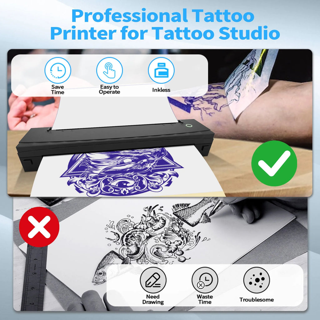 A4 Bluetooth portable mini thermal tattoo printer with 203DPI print head, 2600mAh battery and Type-C charging