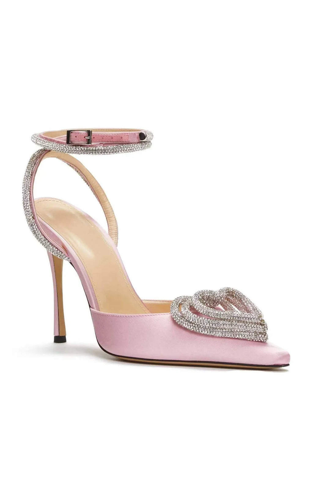 Women's pink satin sandals with heart-shaped rhinestone and cross-belt ankle strap on a pointed toe.