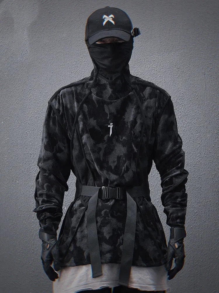 Men's black tie dye pullover sweater with full printed pattern and drop shoulder sleeves
