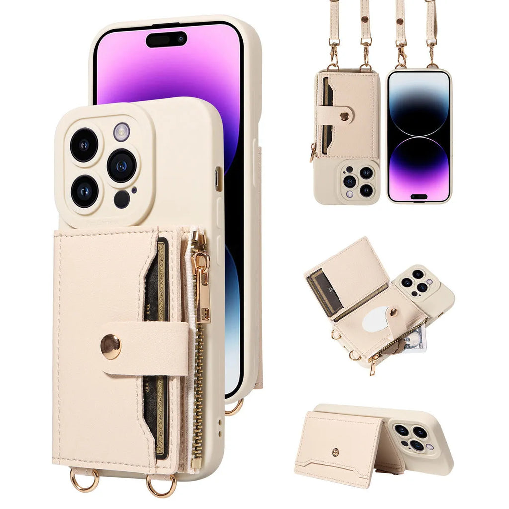 Black imitation leather phone case with attached fall protection strap on an Apple iPhone