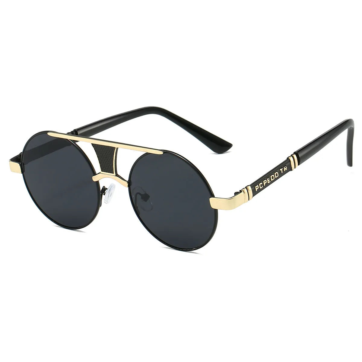 Men's double beam round frame sunglasses with PC lenses in black frame black colour variant