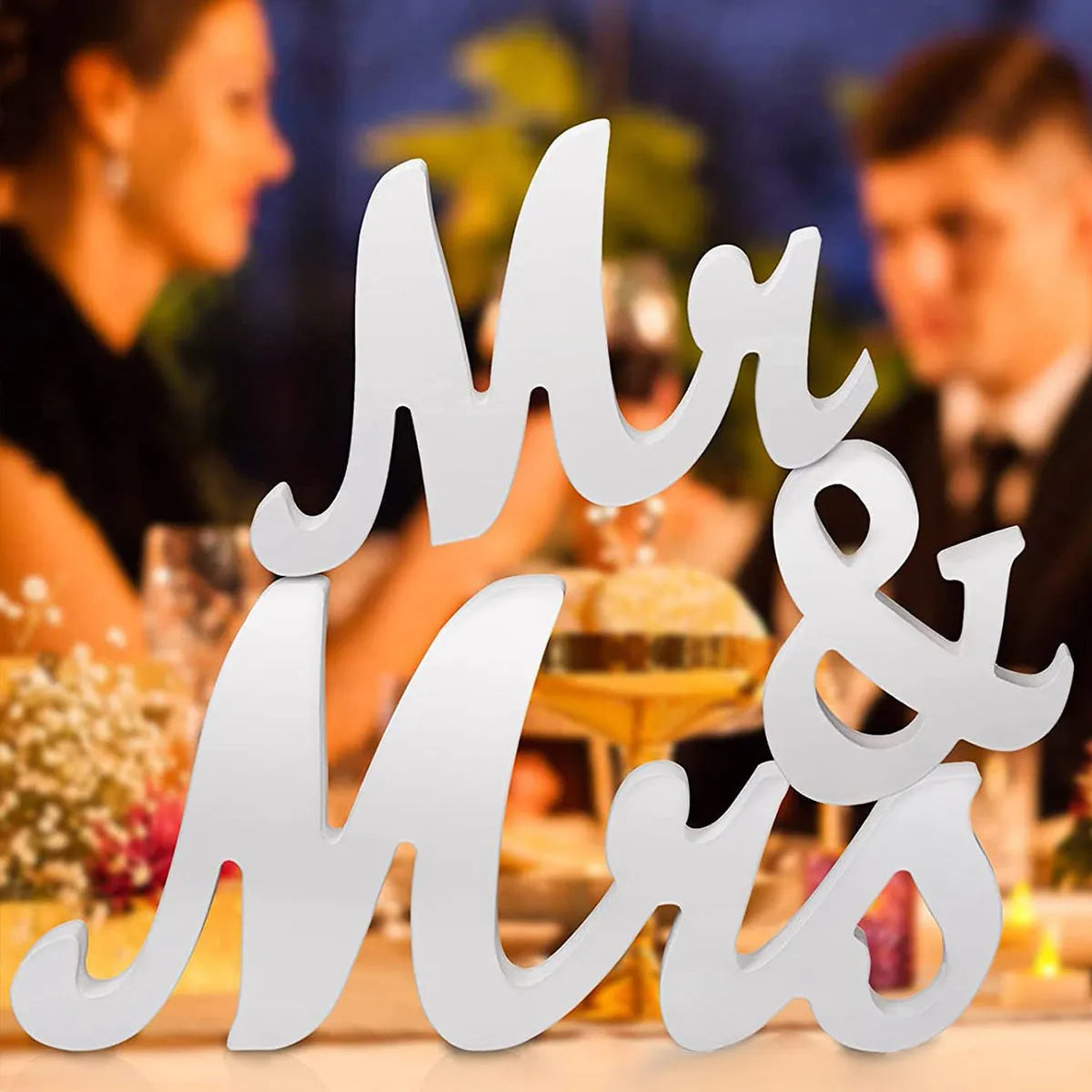 White wooden MR & MRS decoration on density plate with European style for shelf display