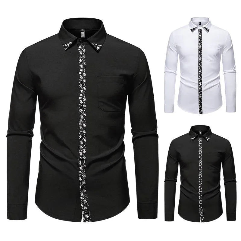 Men's black colour block long sleeve slim fit cardigan shirt in polyester