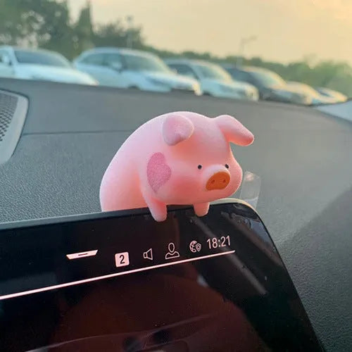 Glossy resin cartoon pig ornament for car dashboard decoration, shown in one of eight available character styles.