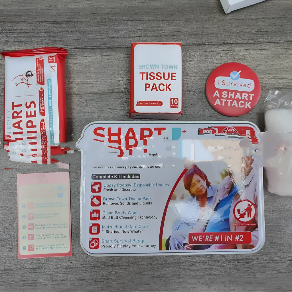 Poop survival kit gift set in aircraft box with wet wipes, dry wipes, and disposable underwear