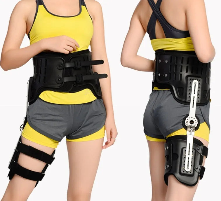 Hip joint brace in white colour with rigid PP construction for postoperative leg support, one size fits all