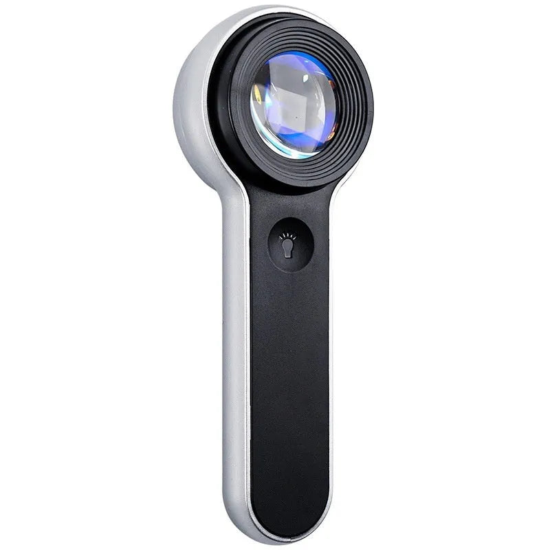 60x LED magnifying glass with USB charging, silver finish, showing 30mm lens and button control