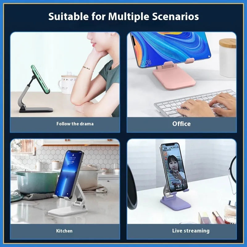 Folding portable desktop phone and tablet stand in black, white, blue, or pink colour