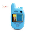 Blue and pink walkie-talkie style kids digital camera with a wide-angle lens and a small colour screen.