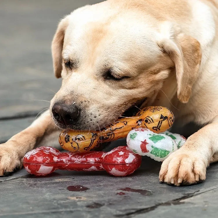 Printed bone-shaped TPR dog toy with squeaker in Christmas red colour
