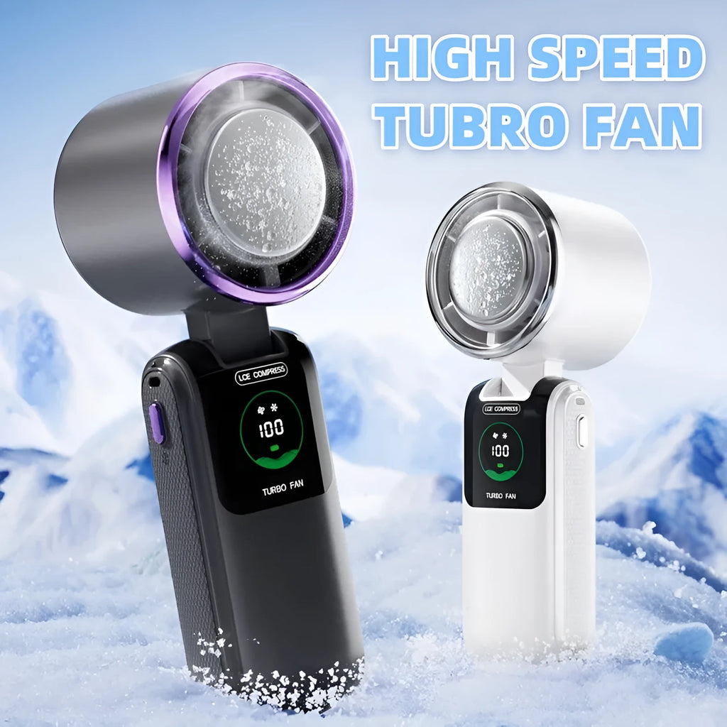 Blue folding neck fan with USB port and adjustable speed buttons, shown both worn and handheld
