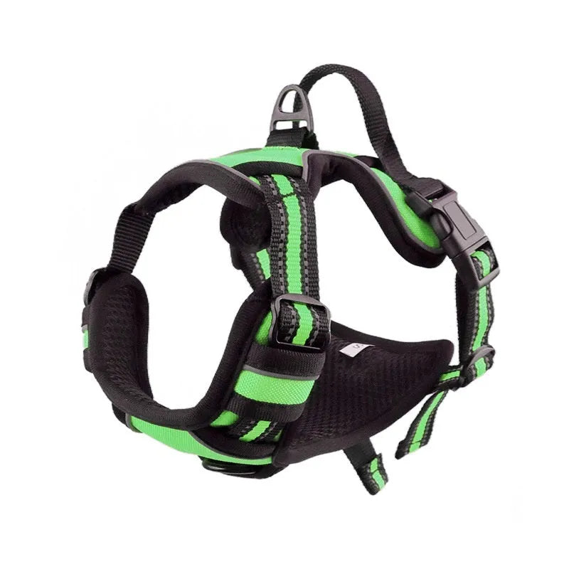 Adjustable dog chest strap harness in Oxford cloth, shown in various colours and sizes.