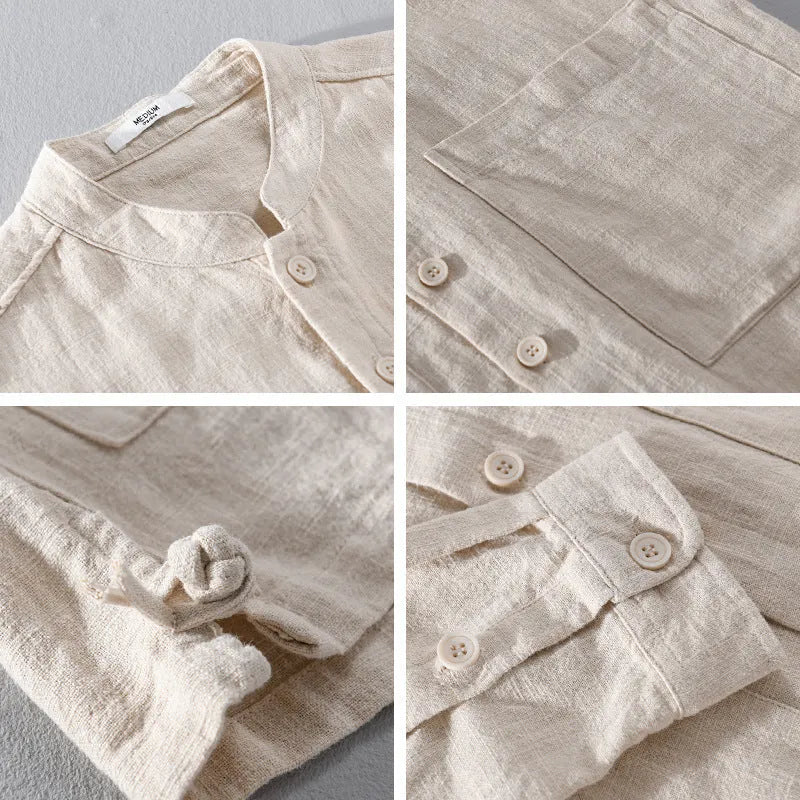 Men's retro stand collar Chinese knot button shirt coat in khaki, loose fit cardigan style