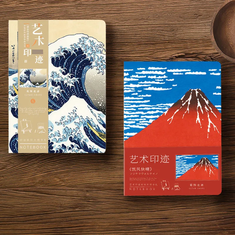 Ukiyo-e Kanagawa wave design hand ledger notebook showing paper cover artwork and A5 dimensions