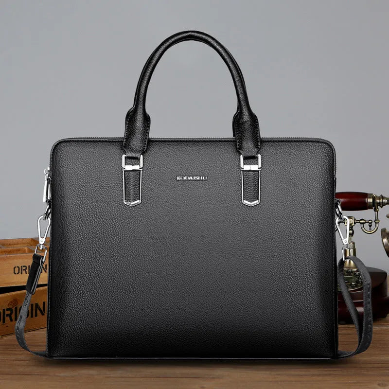 Men's PU leather handbag with litchi pattern, double pull opening, and telescopic handle in black and brown colours