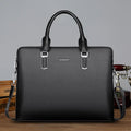 Men's PU leather handbag with litchi pattern, double pull opening, and telescopic handle in black and brown colours
