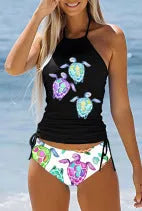 Conservative style women's swimsuit with colourful cartoon print and matching shorts.