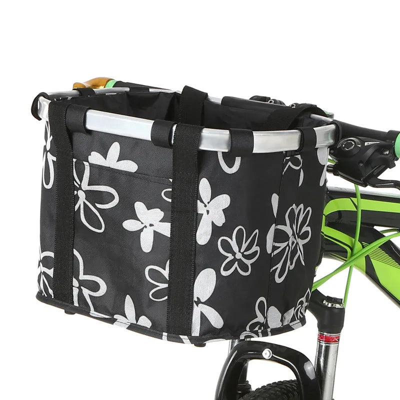Folding car basket bag with aluminium alloy frame and Oxford cloth, shown in black and patterned colour options.