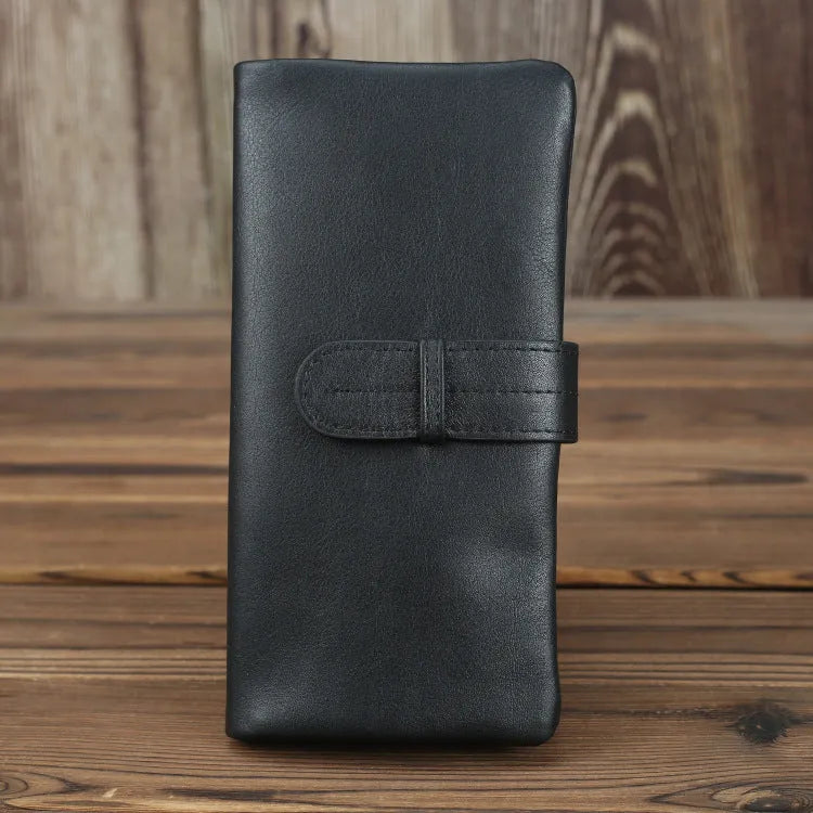 Brown genuine leather women's wallet with multiple card slots and sewing thread detail