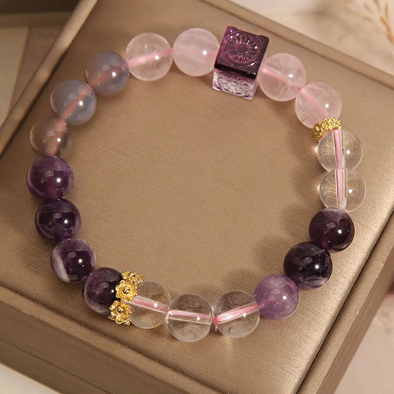 Women's natural amethyst crystal bracelet with purple colour and 10mm rhinestone accents