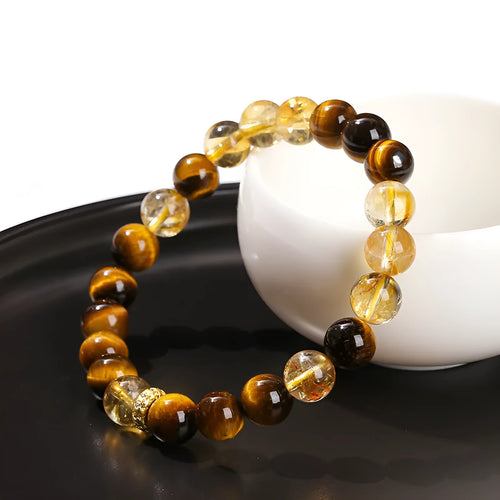 Natural yellow tiger's eye stone bracelet with 8mm beads mixed with yellow tower crystal in geometric design
