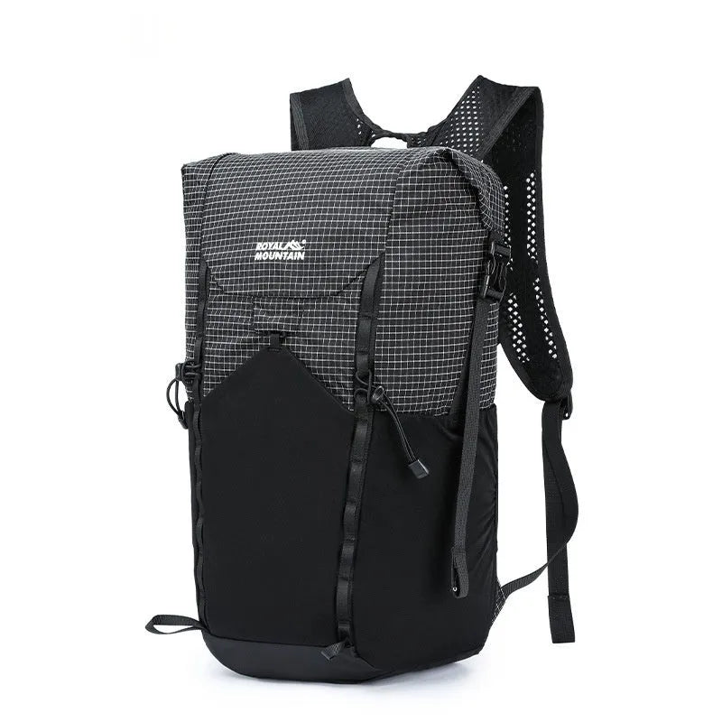 Outdoor 25L foldable backpack in green with curved edge design and reflective strip on front