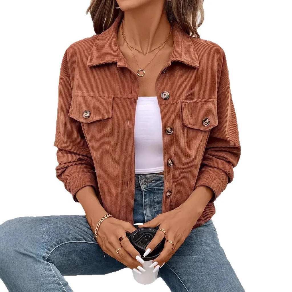 Women's loose-fit retro artistic button jacket in polyester, shown in one of six available colours.