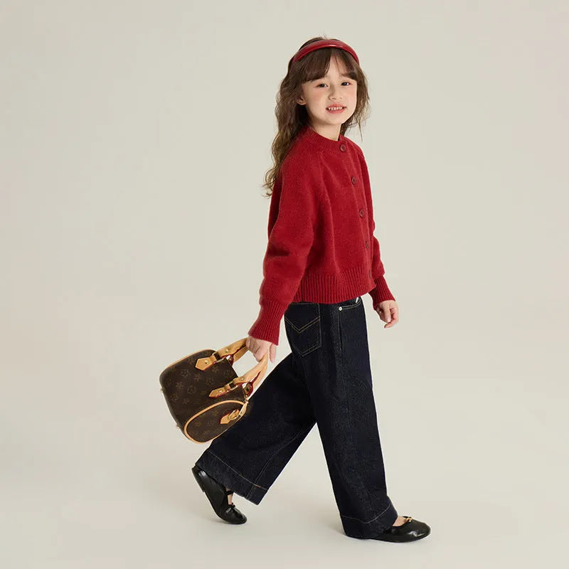 Girl's Korean-style red knitted cardigan with long sleeves, single-breasted front, cashmere blend fabric, suitable for 90-160cm height
