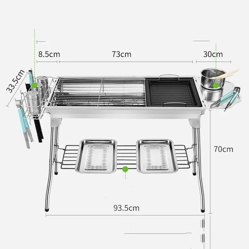 Stainless steel portable folding barbecue grill with large cooking area.