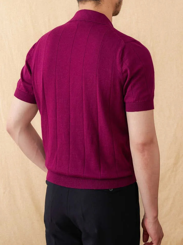 Men's purple cotton and ramie knitted polo shirt with sunken stripes and a seagull collar.