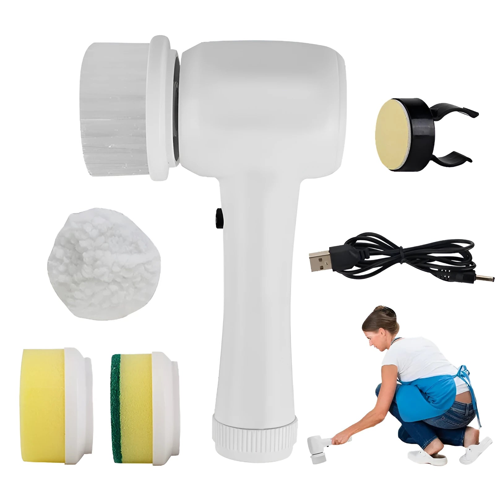 White cordless electric cleaning brush with multiple brush heads on a cleaning surface