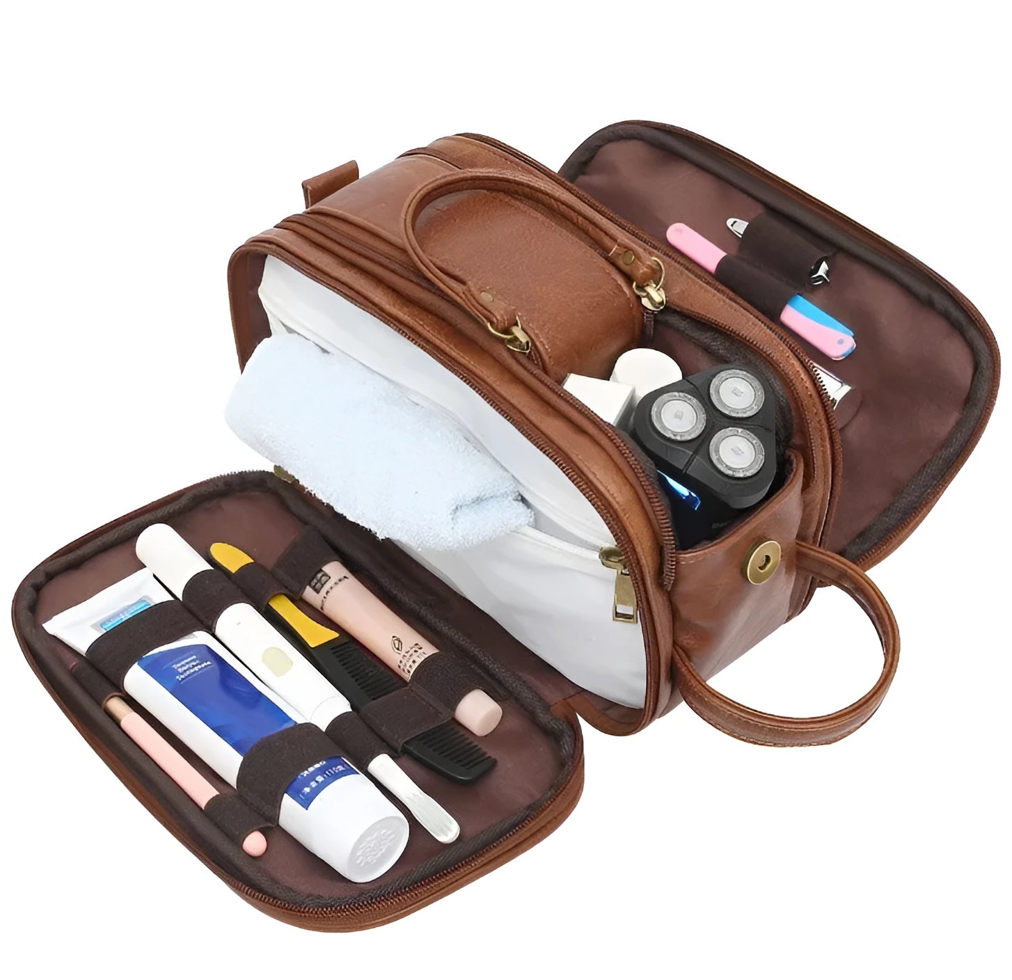 Men's solid colour PU toiletry bag for travel, shown in black and brown.